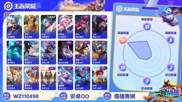 [9376968]V5 4传说 120英雄 151皮肤 可修改实名 传说皮：淬星耀世,遇见神鼓 珍宝阁皮：妄想食味 限定皮：逐霄战戟,鸣野蒿,怒海麟威,五谷丰年,御风骁将(吕布年限),山海·玄木吟(