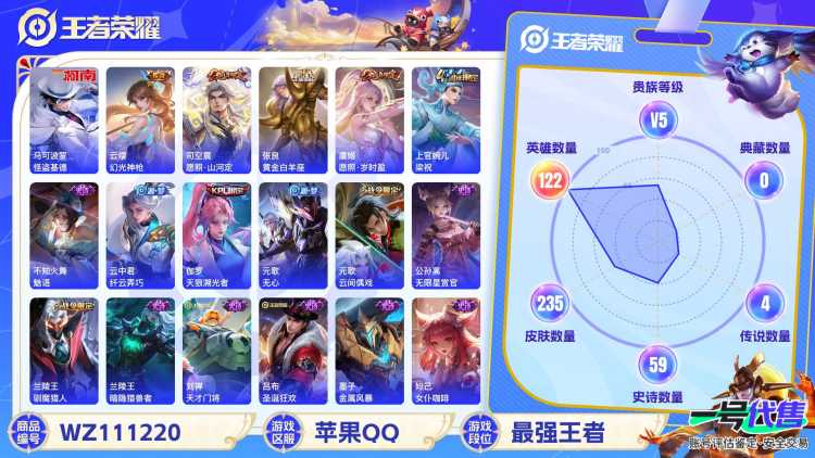 苹果QQ 122英雄 235皮肤 贵族等级5  怪盗基德 幻光神枪 愿照·山河定 黄金白羊座 愿照·岁时盈 梁祝 魅语 纤云弄巧 天狼溯光者 无心 云间偶戏 无限星赏官 驯魔猎人 暗隐猎兽者 天...