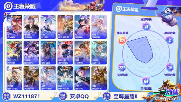 安卓QQ 124英雄 227皮肤 贵族等级8 已兑换荣耀水晶数2  拾光映像 星域神启 时之魔女 器灵·螭龙剑 真我赫兹 雪境奇遇 时之奇旅 酷洛米之心 兔狲·蓬尾 江户川柯南 幻光神枪 云诺千...