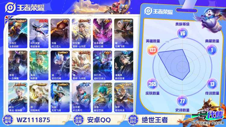 安卓QQ 123英雄 265皮肤 贵族等级6 已兑换荣耀水晶数1  全息碎影 怪盗基德 时之恋人 愿照·山河定 地狱之眼 云鹰飞将 一念神魔 鸣野蒿 逐花归海 愿照·九州拓 超时空战士 鹤羽星尊...
