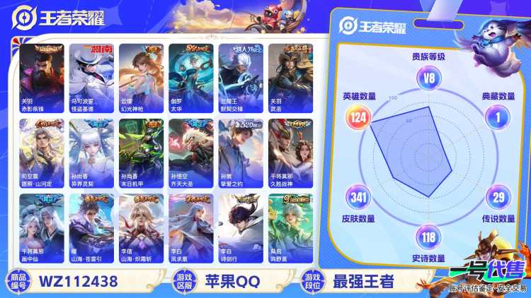 苹果QQ 124英雄 341皮肤 贵族等级8 已兑换荣耀水晶数1  赤影疾锋 怪盗基德 幻光神枪 太华 默契交锋 武圣 愿照·山河定 异界灵契 末日机甲 齐天大圣 挚爱之约 久胜战神 画中仙 山...