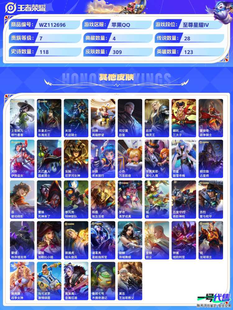 苹果QQ 123英雄 309皮肤 贵族等级7 已兑换荣耀水晶数4  赤影疾锋 无限飓风号 全息碎影 鸣剑·曳影 灼幽烈阳 鹤归松栖 幻光神枪 太华 愿照·山河定 黄金射手座 怒海麟威 愿照·众生...