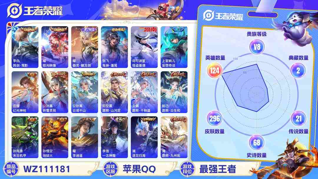王者荣耀账号苹果QQ贵族8  苹果QQ   可二次 124英雄 296皮肤  2典藏 1无双 2珍品 21传说